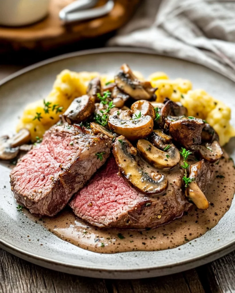 Pink-Roasted-Steak-with-Mushroom-Sauce-Recipe