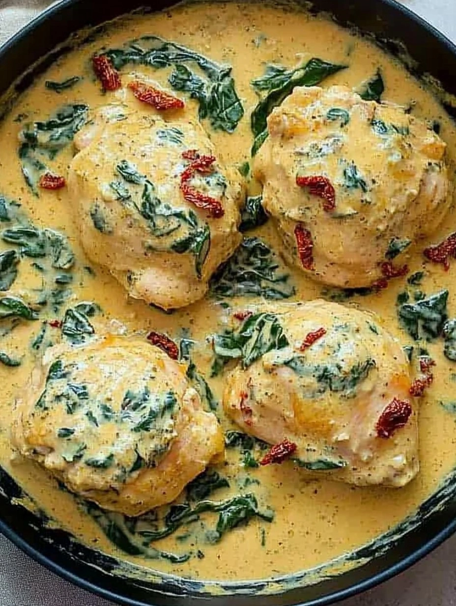 One-Pan Creamy Tuscan Chicken Thighs with Spinach & Sun-Dried Tomatoes