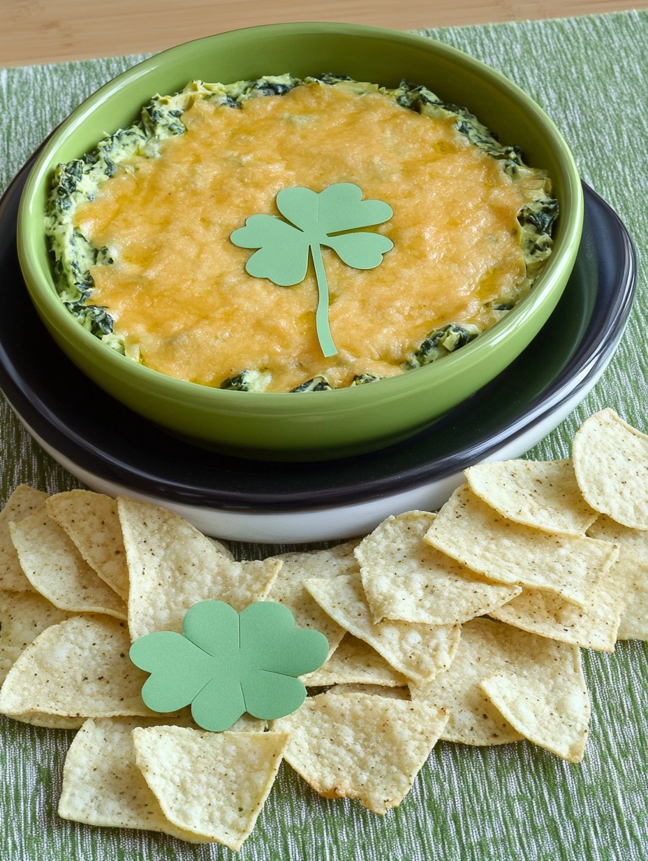 Shamrock Spinach Artichoke Dip with Green Tortilla Chips