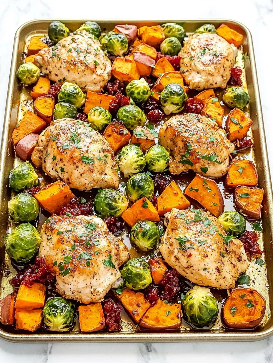 Sheet-Pan Maple Dijon Chicken with Brussels Sprouts & Sweet Potatoes