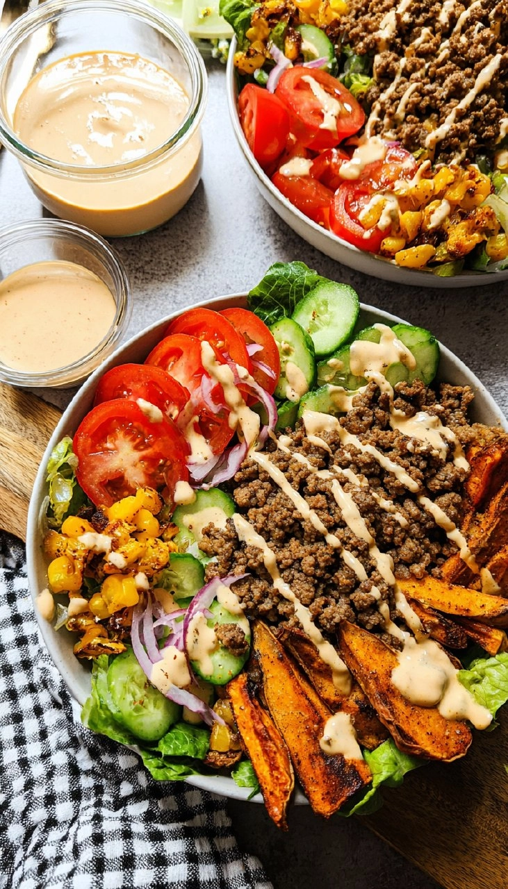 Burger Bowls with Chipotle Ranch Sweet Potato Fries 115 Burger Bowls with Chipotle Ranch Sweet Potato Fries