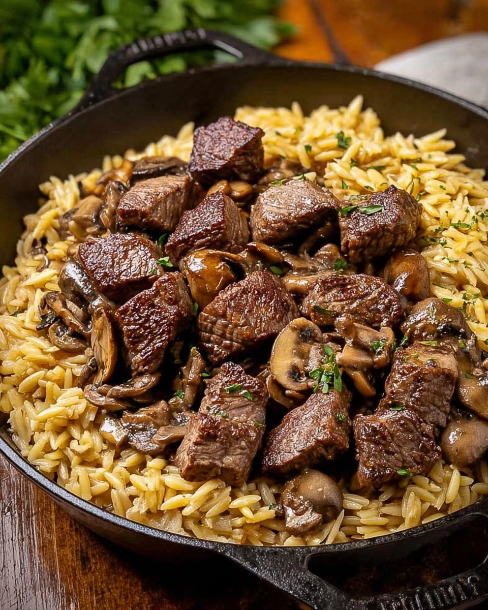 Steak-Bites-with-Creamy-Mushroom-Orzo-Recipe