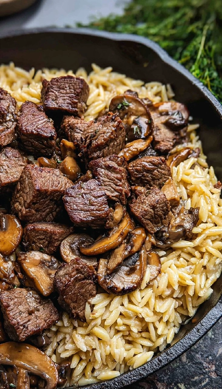 Steak Bites with Creamy Mushroom Orzo