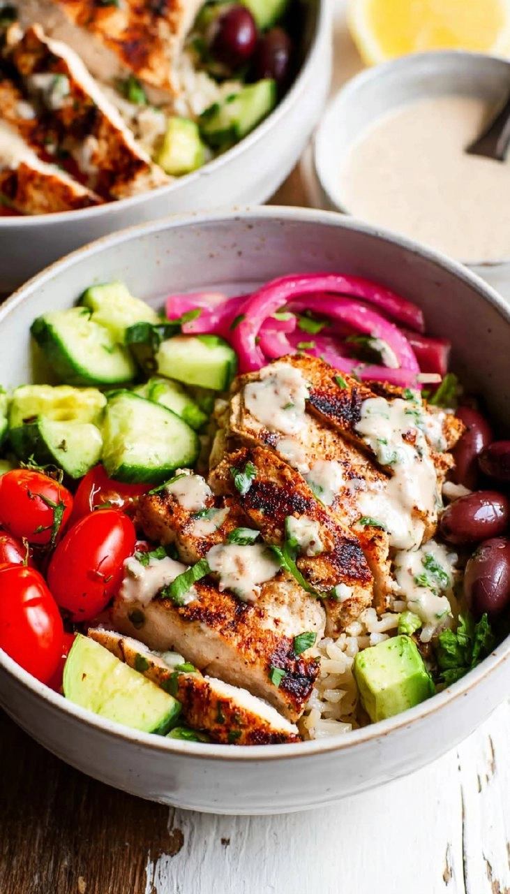 Greek Chicken Bowls with Lemon Garlic Tahini Sauce (Healthy Mediterranean Bowls)