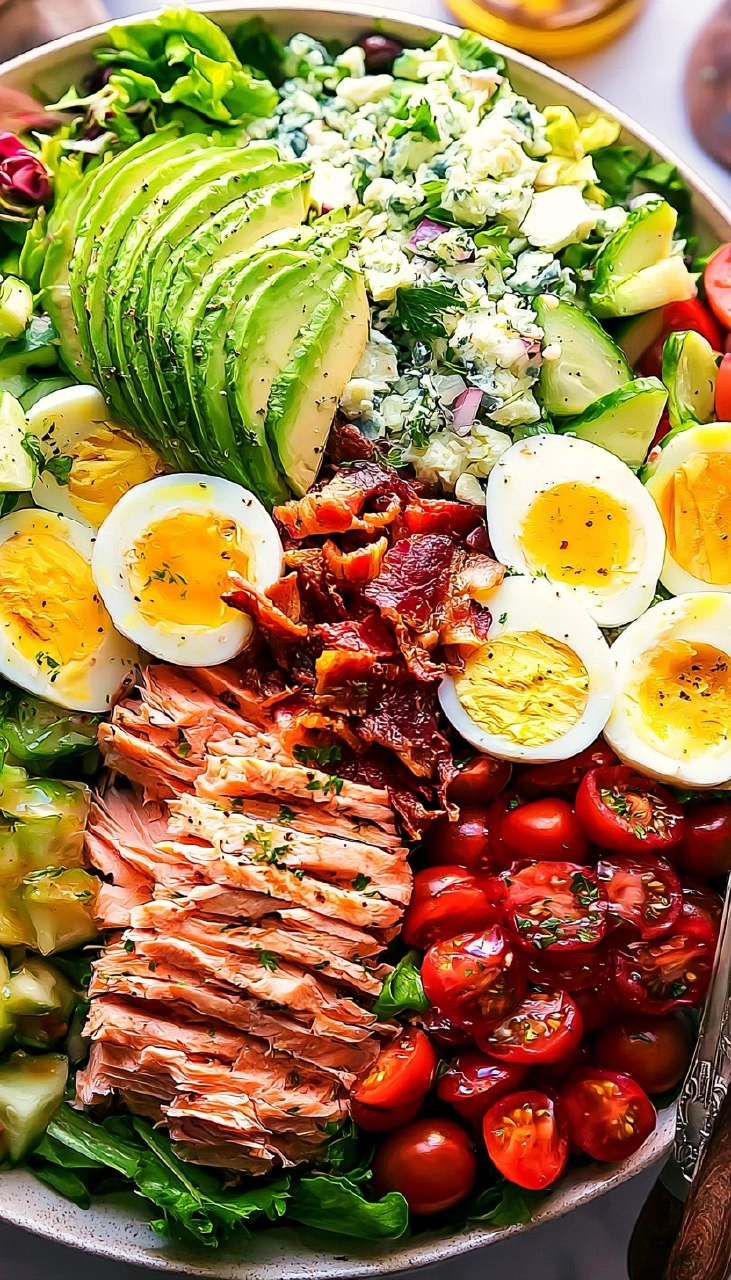 Salmon Cobb Salad with Avocado and Bacon (Whole30, Keto)