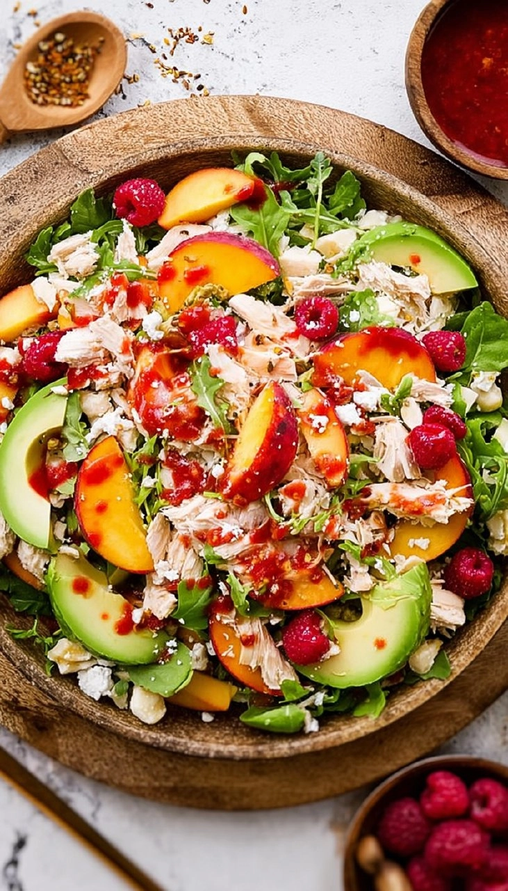 Chicken Salad with Peaches, Avocado & Fresh Raspberry Dressing
