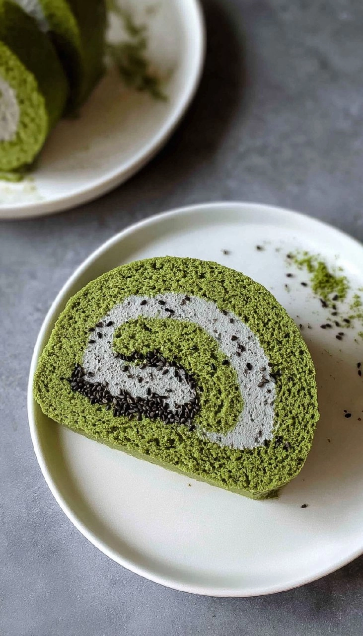 Matcha Swiss Roll Cake with Black Sesame Mousse