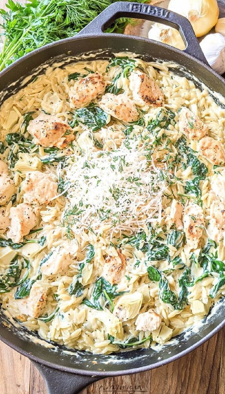 One Pot Spinach Artichoke Chicken Orzo