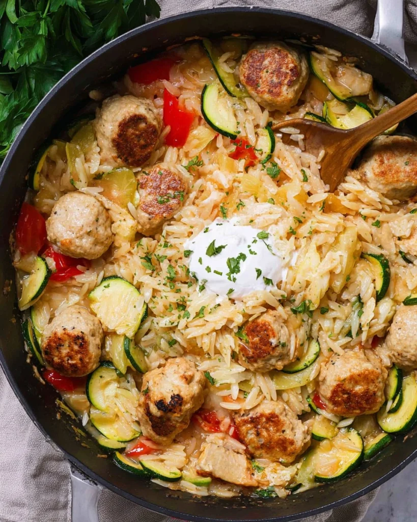 Summer-Squash-Orzo-Skillet-with-Chicken-Meatballs-Recipe