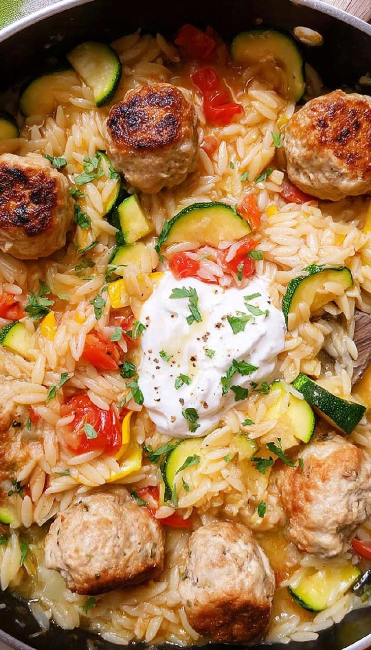Summer Squash Orzo Skillet with Chicken Meatballs
