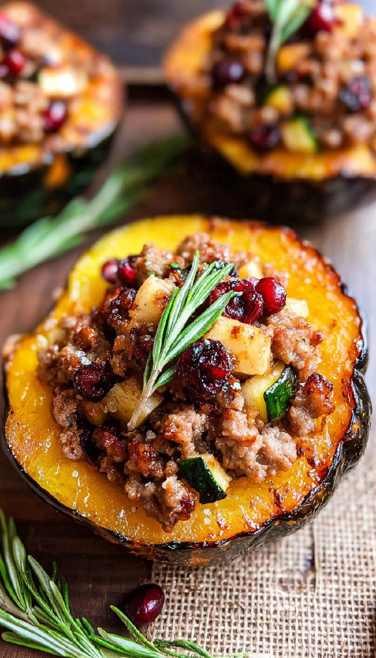 Stuffed Acorn Squash with Sausage, Apples and Cranberries